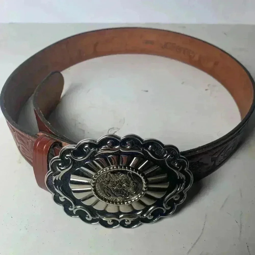 Vintage Western Style Tooled Leather Belt With Ornate Metal Buckle‎ Kids Small